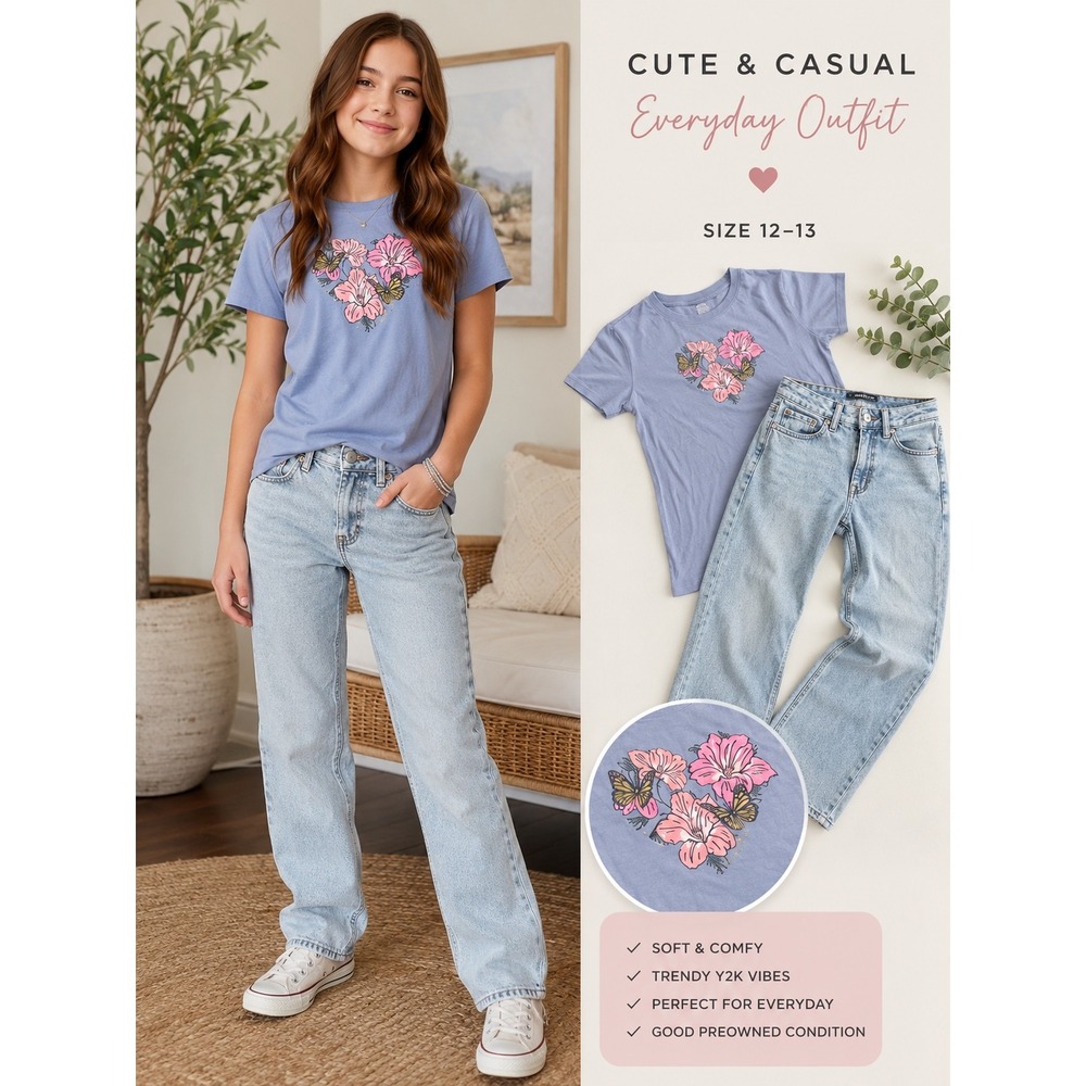 Aeropostale Girls 2pc Outfit Blue Floral Graphic Tee & Light Wash Straight Jeans